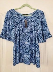 Adrienne Vittadini Women's Blue Print Short Sleeve Top Large New w Tags - Picture 1 of 4