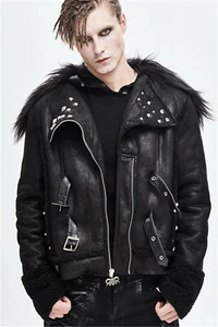 Devil Fashion Herren Schwarz Gothic Punk Rock Kurz Winter Kunstfellkragen PU Jacke  - Bild 1 von 20