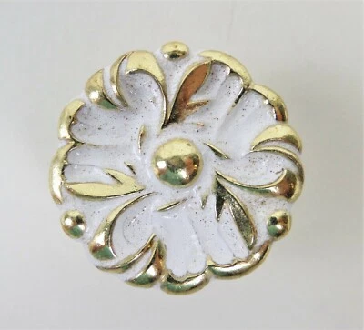 Vintage Mid Century Flower Shaped Cabinet Drawer Knob Brass White Enamel 1 3/8"w - Image 1 of 2