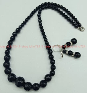 Hübsche facettierte 6-14 mm Schwarz Achat Runde Edelsteine Perlen Halskette Ohrringe 18" AAA - Bild 1 von 12