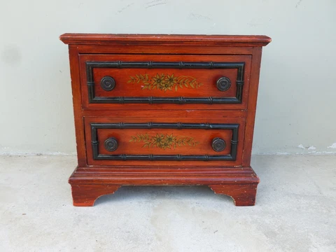 WHIMSICAL MID 20TH C CONTINENTAL RED CHINOISERIE MINIATURE TWO DRAW CHEST Cover