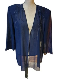 Vintage PATRA Sheer Navy Blue Beaded Open Formal Jacket Overlay Women’s Sz 18 - Picture 1 of 4