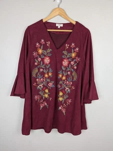 Umgee USA Shirt Large Burgund bestickt Blumen Glockenärmel Tunika Boho Mb - Bild 1 von 7