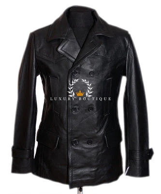 Kriegsmarine Black Men's German Reefer WW2 Cowhide Leather Deck Jacket Pea Coat - Image 1 of 4