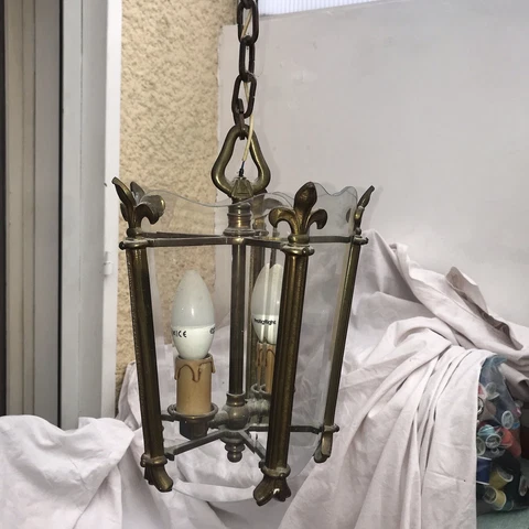 French Vintage Lantern Heavy Brass Pendant Ceiling Light Fixture Fleur De Lys Cover