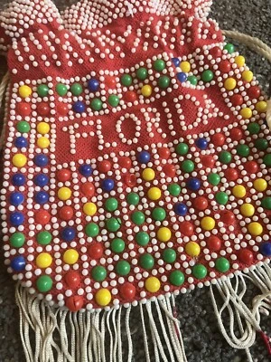 Vintage 60-70s Plastic Dot Bead Bag FLORIDA Drawstring Fringe Colorful - Изображение 1 из 4