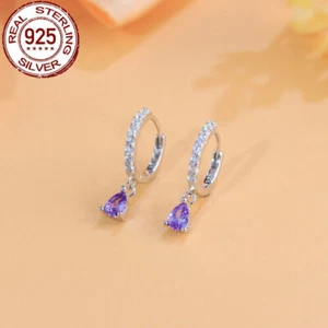 CZ Purple Drop Hoop Dangle Earrings Solid 925 Sterling Silver for Brides Wedding - Picture 1 of 8