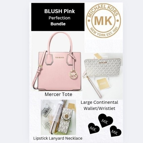 Michael Kors POWDER BLUSH ROSA borsa portafoglio collana cordino rossetto PACCHETTO NUOVO