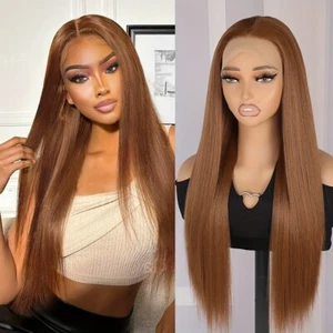 Dark Blonde Color Long Straight Synthetic Lace Frontal Wigs Glueless Pre Plucked - Picture 1 of 7