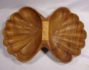 Vintage Filipinas Mono Vaina Doble Almeja Shell Cuenco, Tejido Ratán en Mango - Imagen 1 de 11