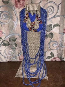 Vintage Blue Bead Multiple Strands Necklace & Hook Pierced Earrings - Picture 1 of 4