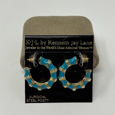 Kenneth Jay Lane Enameled Bamboo Earrings Pierced Ears Gold Tone Blue Teal KJL - Image 1 of 4