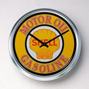 SHELL MOTOR OIL Wanduhr Edelstahl lautlos Quarz Mann Höhle Garage Gas  - Bild 1 von 12