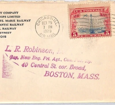 USA Air Cover 1929 CANADIAN PACIFIC RAILWAY *CPR* 5c Perfin Chicago-Boston YV269 - Image 1 of 4