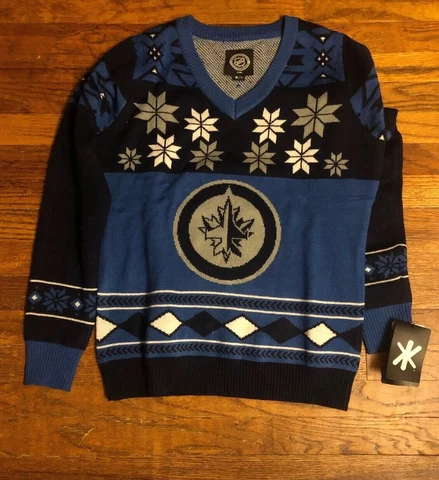 New Womens Navy Blue NHL Winnipeg Jets Christmas Sweater Klew - Size XL Cover