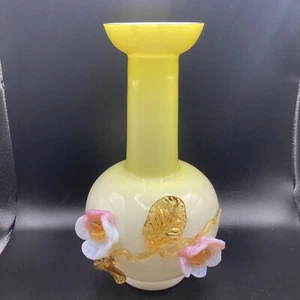 Art Glass Yellow Vase Applied Flowers Glows 8” Tall Vintage - Picture 1 of 12
