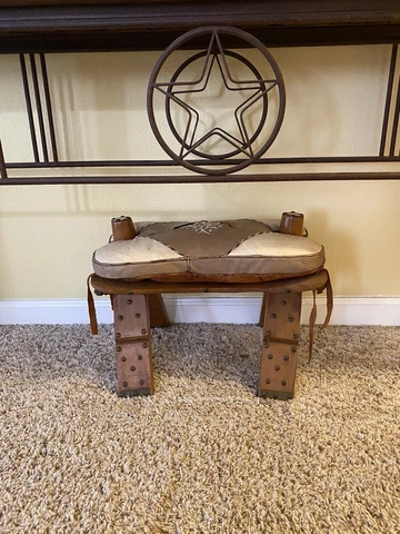 VTG MIDCENTURY EGYPTIAN CAMEL SADDLE WITH LEATHER CUSHION FOOT STOOL OTTOMAN Cover