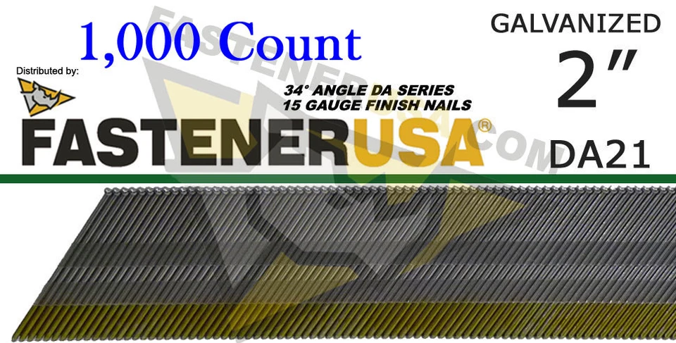 FASTENER USA DA21 15 Gauge GALVANIZED Angled Finish Nails 34 Degree 2" Galv (1,000 ct)