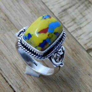 Bonito Mosaico Jaspe Piedras 925 Plata de Ley Hecho a Mano Anillo Todo Talla - Imagen 1 de 10