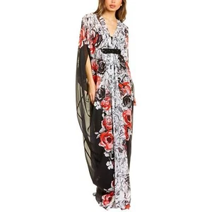 Abito Teri Jon floreale caftano scollo a V nero bianco rosso chiffon impreziosito tg 4 - Foto 1 di 13