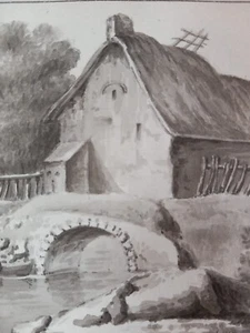 Dessin Etude Paysage Landscape Maison House Cottage Chaumiere Pont XIX EME - Photo 1 sur 6