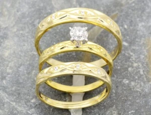 2.53 Ct Lab Created Diamond Wedding His/Her Ring Trio Set 14K Yellow Gold Plated - Picture 1 of 5