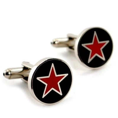 RED STAR CUFFLINKS Black and Silver Round Metal Enamel High Quality w GIFT BAG - Image 1 of 2