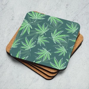 Cannabis Leaf Coaster Cork Backed 3.74x3.74 Green Weed Pattern Drink Mat - Picture 1 of 4