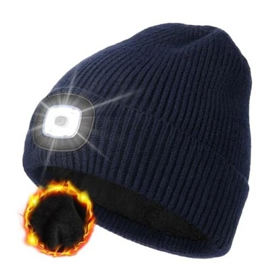  Winter Fleece Lined LED Beanie, USB Rechargeable Hand Free One Size Dark Blue - Image 1 of 4