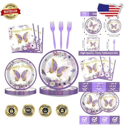 Vajilla de fiesta de cumpleaños mariposa de lujo 96 piezas - niñas, mujeres, baby shower Foto 1 de 4