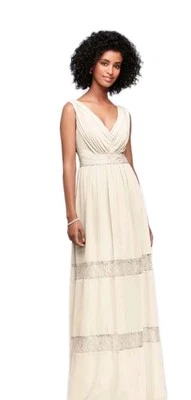 David's Bridal Lace-Inset Chiffon V-Neck Dress Size 14 Beach Wedding Champagne  - Image 1 of 4
