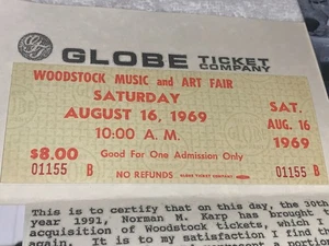 WOODSTOCK ORIGINAL SATURDAY 1969 TICKET JANIS JOPLIN JIMI HENDRIX DEAD CSN COA - Picture 1 of 13