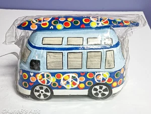 Coin Bank Colorful Hippie Bus Carved Painted Wood Bus W/ Surf Board Bank 6" x 4" - Picture 1 of 8