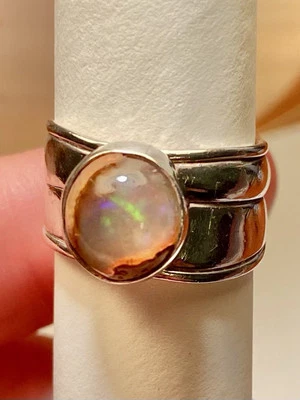 Anel de prata esterlina 925 sudoeste opala fogo natural moderno ondulado banda larga tamanho 6 - Imagem 1 de 4