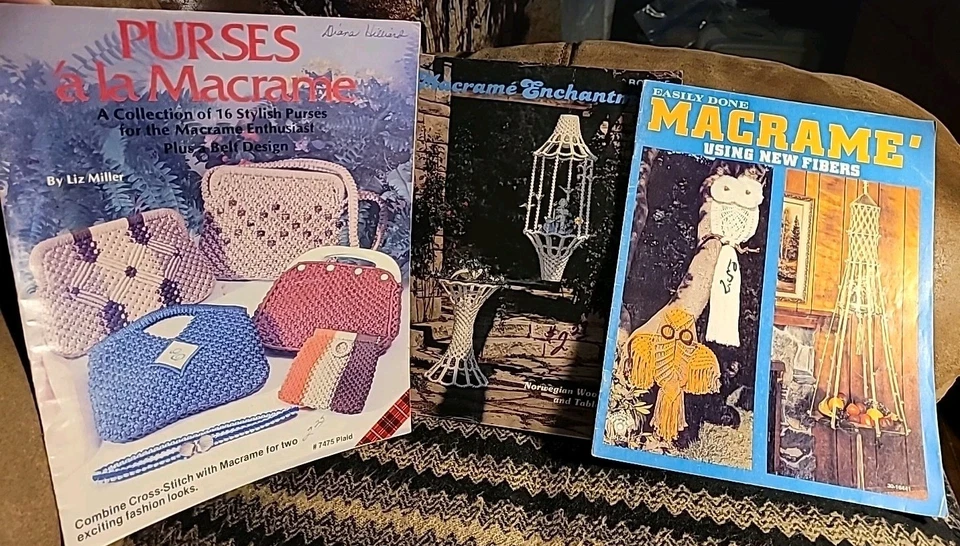 LOT OF 3 Vtg MACRAME BOOKS Wall Hangings Pot Hangers purses Furniture Etc • Easy - Image 1 of 4