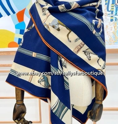 Sallys 70% Cashmere 30% Silk Wrap Scarf Horses Chain Print Double Face Shawl 53" - Image 1 of 4