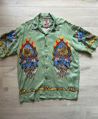 Camisa Mambo Loud Jim Mitchell Masculina Ruína Verde Tamanho Pequeno Muito Bom Estado Vintage - Imagem 1 de 4