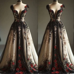 Vintage Gothic Black and Champagne Wedding Dresses with Florals Bridal Gowns - Picture 1 of 12