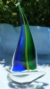 Murano 12" Tall Glass Hand Blown Sailboat Blue, Green, Yellow, Clear - Picture 1 of 4