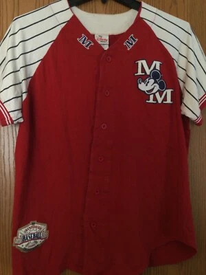 Mickey Mouse - Camiseta de béisbol - Roja y blanca - Mangas a rayas - 2 caras - M Foto 1 de 3