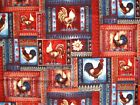 Rooster Collage Quilt Fabric 23" x 43" Red Blue Cotton Farmhouse Chicken