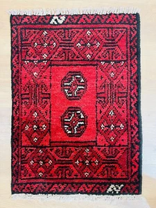 Genuine Afghan Aqcha - Hand Knotted Red Black Bokhara Wool Rug - XS Mat 40x60cm - Picture 1 of 7