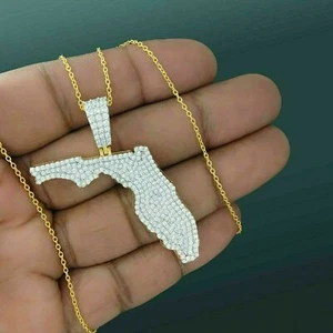 1.30 ct Round Cut Diamond Men's Florida Map Chain Pendant 14k Yellow Gold Finish - Picture 1 of 6