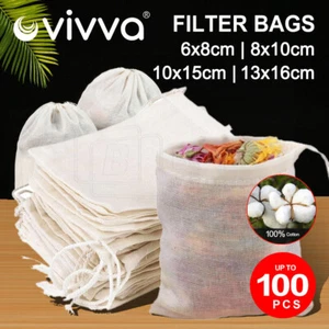 UP 100x Reusable 100% Cotton Muslin Filter Bags Spices Herbs Tea Soup Drawstring - Picture 1 of 8