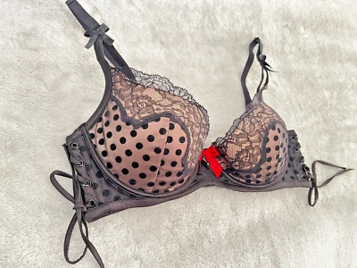 Honey Birdette Size 14D Black Bra Contoured Push up Red Bow Polka Lace up #K36 - image 1 of 4