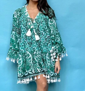 ANTICA SARTORIA 2024 GREEN & WHITE FLOWERS TIE FRONT DRESS NWT O/S - Picture 1 of 6