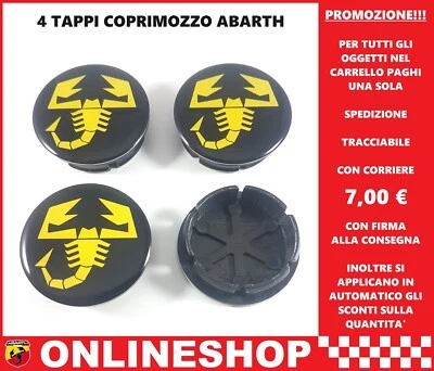 AFTERMARKET PRODUCTS TAPPI COPRIMOZZO ABARTH SCORPIONE GIALLO-ORO SU SFONDO NERO 4 BORCHIE 49 mm