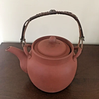 Antique Chinese Zisha Clay Teapot Unglazed w/ Inner Tea Basket & Bamboo Handle - Image 1 of 4
