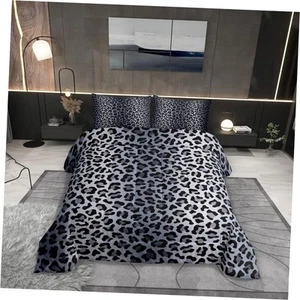 Leopard Print 3 Pcs Size Comforter Set,Cheetah Fur Print Down Queen Black - Picture 1 of 7