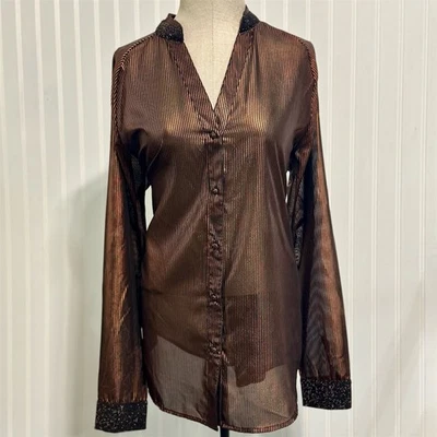 Blusa NÜ Dinamarca L bronze listrada metálica transparente botão para cima punho de lantejoulas feriado - Imagem 1 de 4